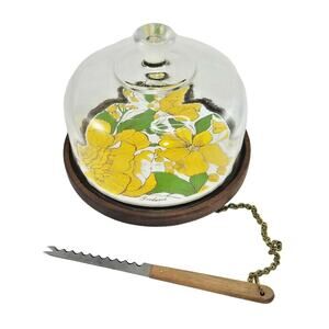 Vintage Goodwood Yellow Poppies Teak Cheese Dome With Knife Made in Japan